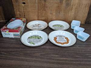 lot 263 image: Royal China Jeannette Pie Recipe Dishes, Campbells Green Bean Casserole Dish, 3 Small Pyrex Dishes