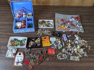 lot 313 image: Collection of Christmas and Halloween Costume Jewelry Necklaces, Bracelets, Earrings, Pins, Charms and More