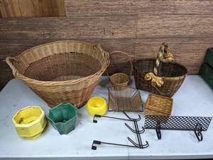 lot 294 image: Mixed Collection of Baskets, Small Planters, Metal Hooks and Metal Shelf