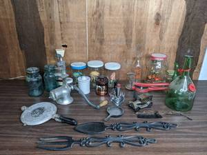 lot 275 image: Vintage Iron, Waffle Iron, Meat Grinder, Music Box, Canisters, Jars and More