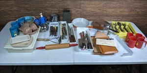 lot 283 image: A Kitchen Utensils Collections of Knives, Potato Masher, Cups, Pan, and More