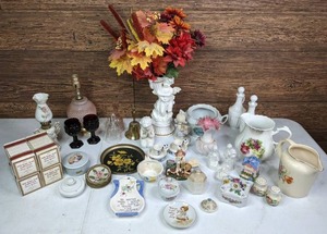 lot 202 image: Mixed Glass & Ceramic Lot (4) Avon 1876 Cape Cod Collection Wine Goblet Candle Holders, Hobnail Lamp, Kerosene Lamp, and Much More