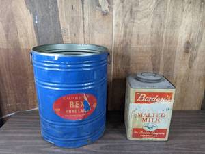 lot 236 image: Vintage Tin Canisters Cudahys Rex Lard and Bordens Meadowland Malted Milk