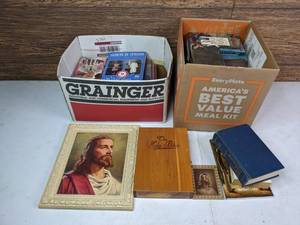 lot 148 image: An Assortment of Christian Books, Holy Bible, Framed Jesus Pictures