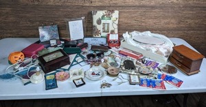lot 325 image: Miscellaneous Small Decor, Jewelry Trays, Inspirational Quotes, Chinese Baoding Balls, 1996 Summer Olympics Commemorative Medallions, 10K Gold Emblem, and more