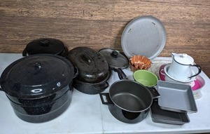 lot 208 image: Collection of Enamel Pots, Pans & Pitcher, West Bend Electric Skillet, New 12 Wilton Heart Shaped Pan, Copper Jello Molds, and More