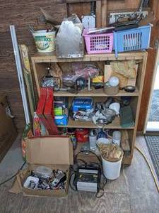 lot 155 image: Book Shelf & Contents, Including Batteries, Battery Charger, Stanley Riveter, Light Bulbs, Sandpaper, Scissors, Nails, Hammer, Tape and More
