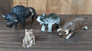 lot 163 image: Group of Ceramic and Plastic Animal Figures Buffalo, Bull, Bear and Elephant