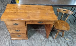 lot 159 image: Small Wooden Desk with Matching Wooden Swivel Chair