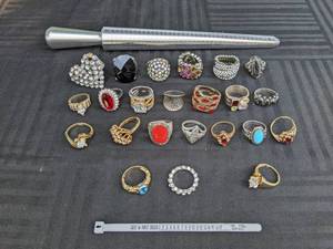 lot 380 image: Collection of Costume Jewelry Rings with Sizing Equipment