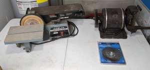 lot 356 image: Delta 4Belt6 Disc Sander, Wards Lakeside Electric Bench Grinder, and Coarse Crimped Wire Wheel