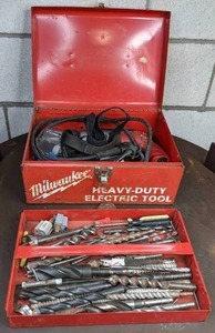 lot 138 image: Vintage Red Metal Milwaukee Tool Box Filled with Dozens of Drill Bits, Milwaukee Magnum Hammer Drill, and Other Hand Tools