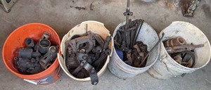 lot 141 image: Collection of Four 5-Gallon Buckets Filled with Vintage Automotive Parts (Possibly Dodge)