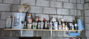 lot 382 image: Garage Wall Shelf Plus Contents (Paper Towels Plus Holder, Propane Torch, Painting Supplies, Automotive Fluids, and More)