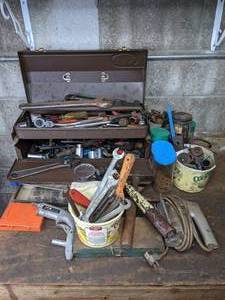 lot 144 image: Huot Tool Box with Collection of Tools Montgomery Ward Utility Sabre Saw, Mark I AF1018 Air Sand Blaster, Wrenches, Hammers, and Many More