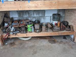 lot 383 image: Contents of Garage Shelf Automotive Parts (Dodge Possibly) and Various Scrap Metal Pieces