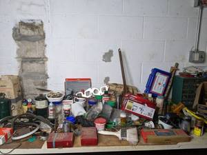 lot 359 image: Work Table with Miscellaneous Contents - Husky Spray Gun, Nuts & Bolts, Electrical, First Aid Kits, and more