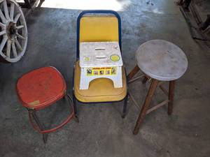 lot 415 image: Two Bar Stools, Falcon Folding Chair and 300 lbs. Capacity Folding Step Stool