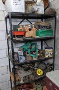 lot 396 image: Metal Garage Shelf Plus Contents  Loads of Vintage Car Parts, Small Hibachi Grill, and More