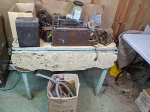 lot 385 image: Vintage Drop Leaf Table with Large Array of Audio and Electrical Parts and Equipment