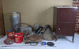 lot 387 image: Mixed Lot of Vintage Items Vintage Phonograph Horn & Turntable, Tall Tin Bucket, 2-Drawer Rolling File Cabinet, Electrical and Automotive Parts, Small Hand Tools, and More