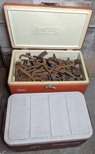 lot 391 image: Two Vintage Coleman Coolers, One Filled With Small Rusted Hand Tools