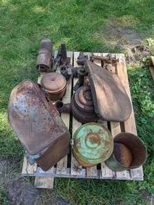lot 31 image: Collection of Vintage and Antique Car Parts Includes (2) Metal Buckets, Jack, and More