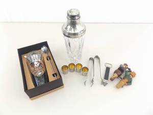 Lot of Vintage Bar Accoutrements, Crystal Shaker, etc.