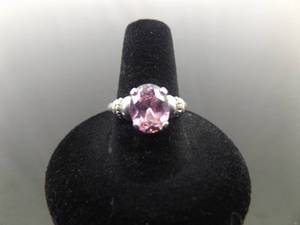 .925 Sterling Silver Oval Cut Pink Sapphire Crystal Ring Size 8