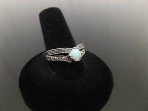 .925 Sterling Silver Diamond Accented Opal Ring Size 10
