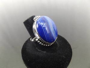 .925 Sterling Silver Blue Quartz Agate Cabochon Ring Size 7.5