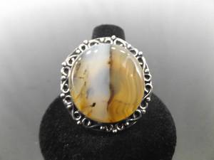 .925 Sterling Silver Moss Agate Cabochon Cocktail Ring Size 8.5