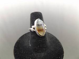 .925 Sterling Silver Moss Agate Cabochon Ring Size 6