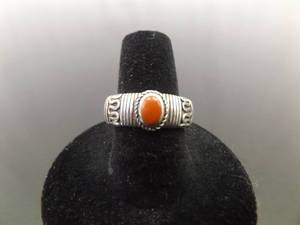 .925 Sterling Silver Coral Cabochon Ring Size 7.75