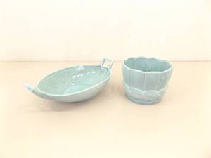 Vintage Red Wing Pottery Blue Speckle Small Planter and Handled Bowl