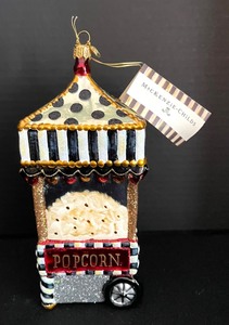 lot 32 image: MacKenzie Childs Boardwalk Popcorn Machine Ornament with Original Box and Tag