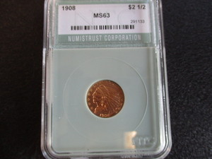 1. 1908 2.50 Gold Indianhead Quarter Eagle - NTC Graded MS63