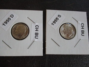17. 1955-D and 1955-S Roosevelt Silver Dime - Beautiful coins with Cartwheel Effect and Mint Luster - High Grade