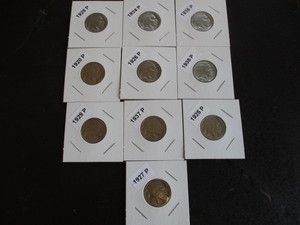 19. Lot of (10) Philadelphia Mint Buffalo Nickels including the dates of 1920, 25-29, 34-37 - Carded and Labelled