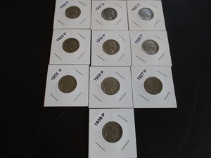 21. Lot of (10) Buffalo Nickels including the dates of 1920, 23, 25, 27, 29, 30, 35-37-Philadelphias and 1937-Denver
