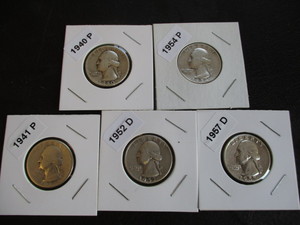 22. Lot of (5) Washington Silver Quarters including 1940-P, 1941-P, 1952-D, 1954-D and 1957-D