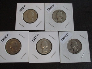24. Lot of (5) Washington Silver Quarters including 1936-P, 1941-43-P and 1952-D
