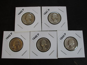 25. Lot of (5) Washington WWII Era Silver Quarters Including 1941-1945 Philadelphia Mint Quarters - Carded and Labelled.