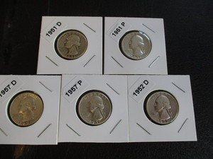 26. Lot of (5) Washington 1950s Era Silver Quarters Including 1951-P and D mints, 1952-D and 1957-P and D Mints.