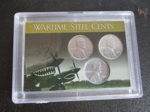 36. Set of 1943 P, D and S Emergency Issue Lincoln Steel Pennies in P-40 Warhawk Decorative Case