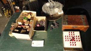 Vintage ABC Blocks, Sewing Caddy, Vintage dominoes (wooden), Hi Q game, Jewelry box