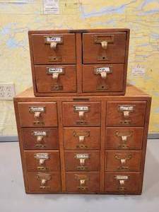 Oak Desk Top Card Cabinet used for Parts Storage. 2 units 16 drawer total.