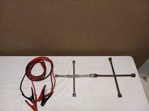 CAR ACCESSORIES 2 FOUR WAY LUG WRENCH & JUMPER CABLES
