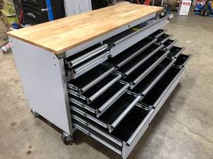 Husky 72 in. x 24 in. D Standard Duty 18-Drawer Mobile Workbench Tool Chest with Solid Wood Top in Stainless Steel Customer Returns See Terms on Auction