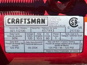 lot 86 image: Craftsman 2 Gallon Electric Air Compressor 1.5 HP 125 PSI Model 921.152100